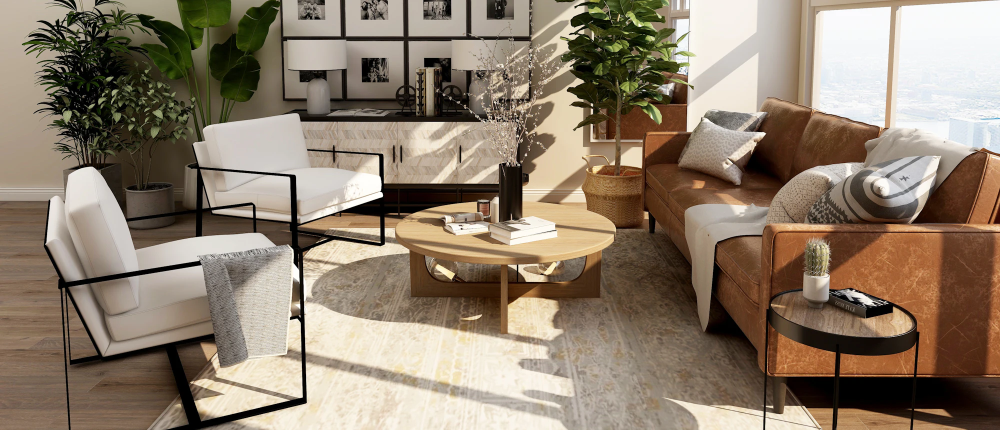 A sunlit living room with a gallery wall and plants