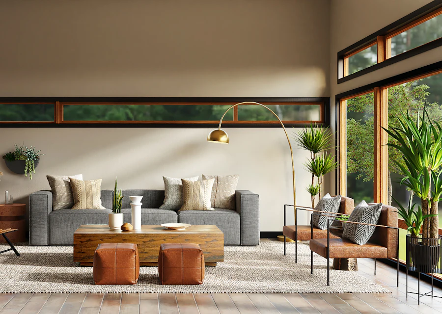 A neutral living room with soft seating