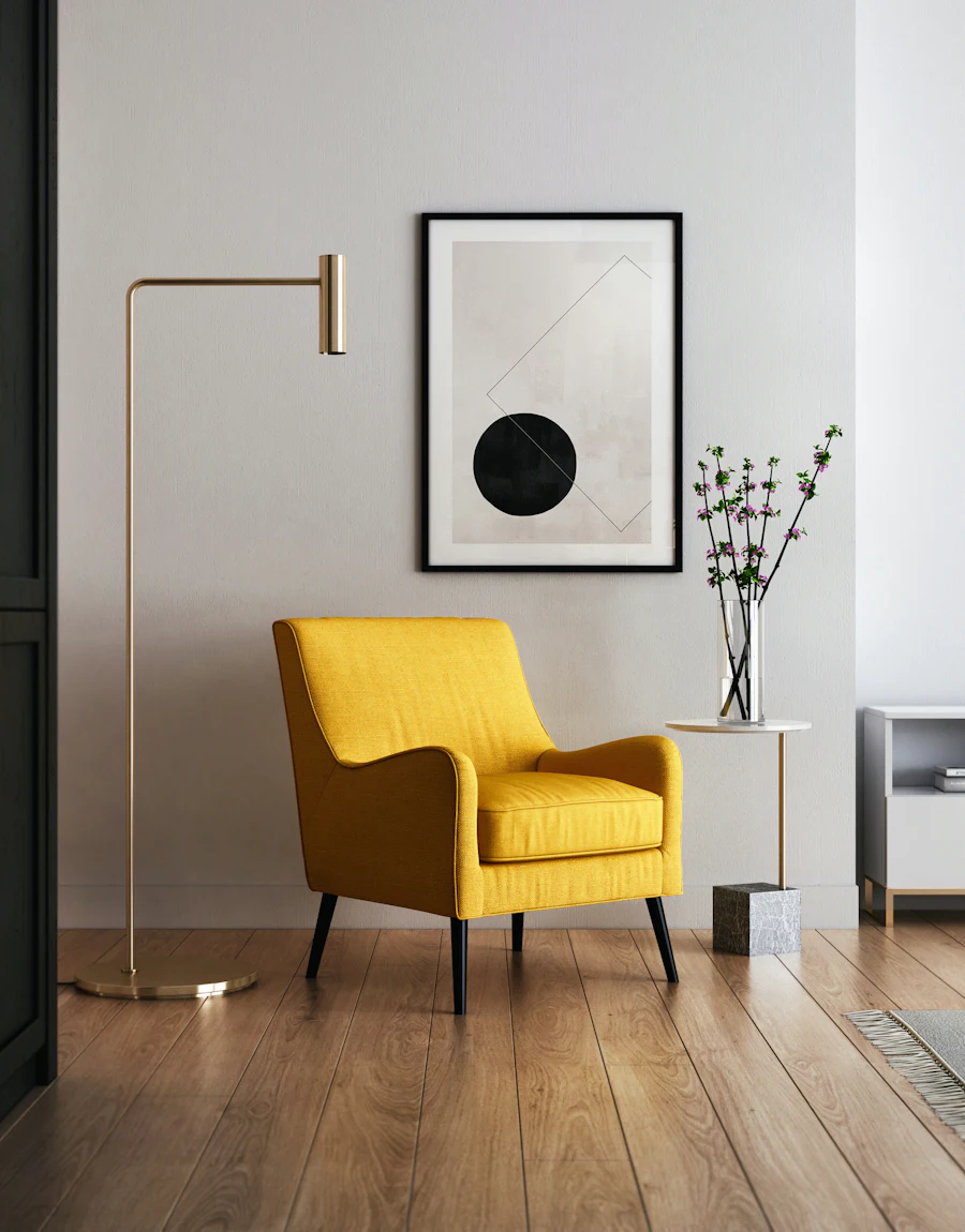 A yellow armchair in a minimal room